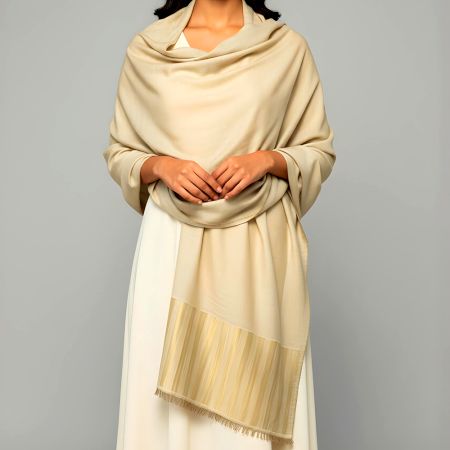 Solid Ivory Wool Pashmina Shawl with Subtle Striped Border